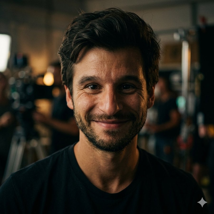 Thomas Lifert, souriant, dans un studio de tournage, caméras et lumières en arrière-plan